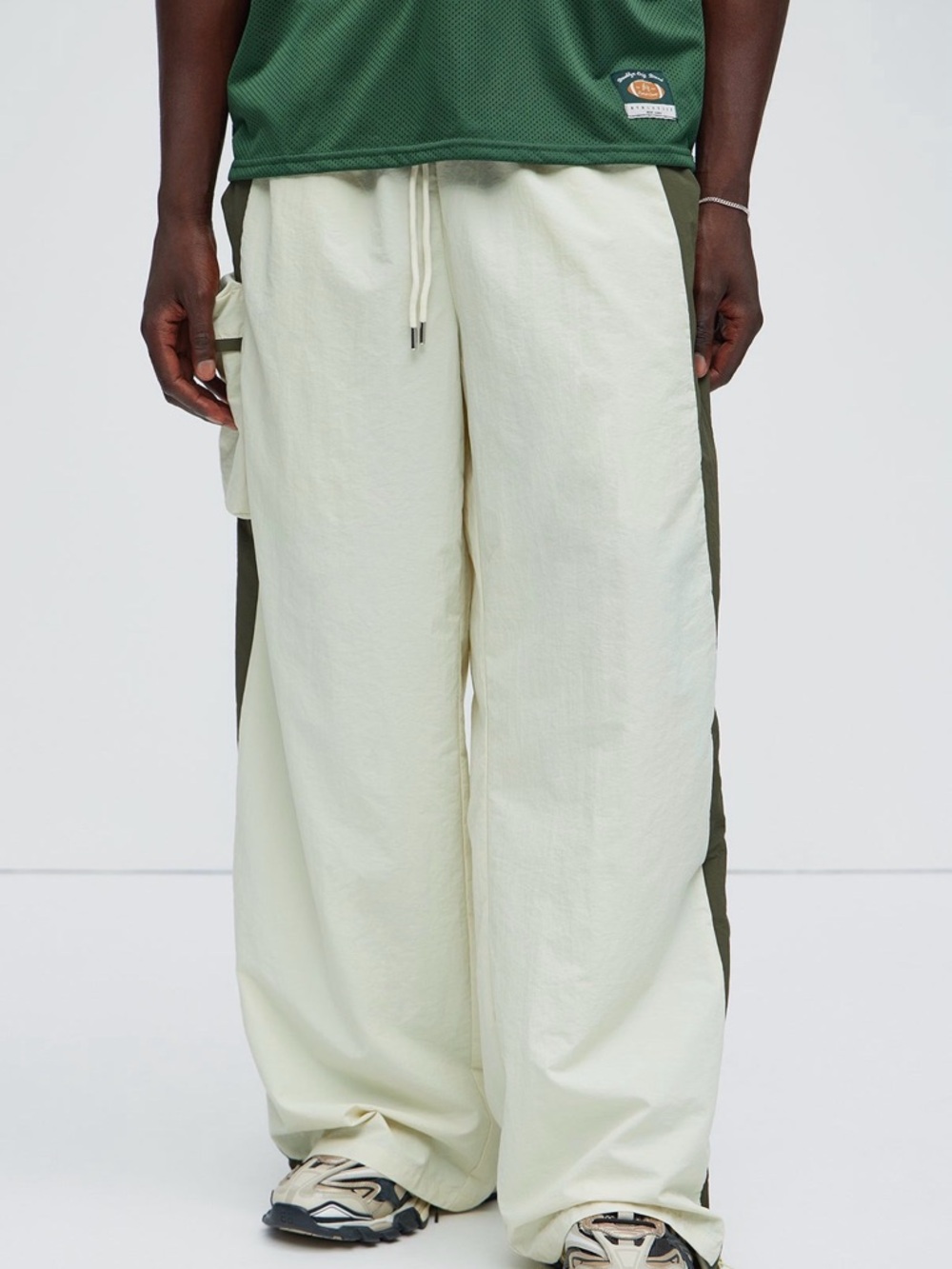 Men's Wide-Leg Drawstring Pants in Cream with Olive Side Panels